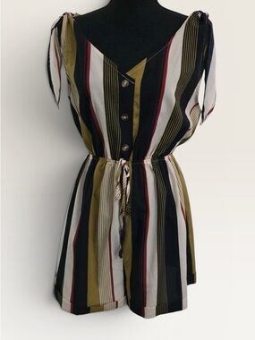 Striped Tie-Shoulder Women’s Shorts Romper in Black/Olive